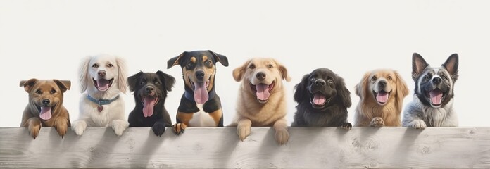 Fototapety  Smiling cute dogs of different breeds peek out from behind a wooden fence. Banner with animals. Generative AI 