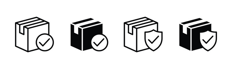 cargo box icon. Cargo distribution insurance icons. Package, delivery boxes with shield protection and check symbol in line and flat style on white background for apps and website. Vector illustration