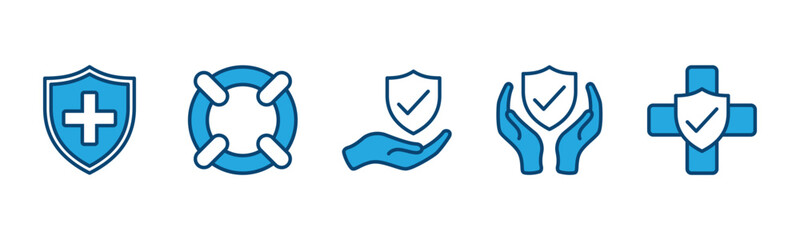 Fototapeta premium Safety insurance icons set in color style. Health protection, tire floating, hand holding shield with check mark or tick symbol. Vector illustration