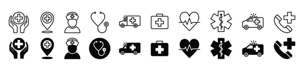 Obraz premium Medical care thin line and flat style icons. Health care, map pin, nurse, stethoscope, ambulance, medicine bag, heartbeat, pharmacy, hospital phone icon symbol for app and website. Vector illustration