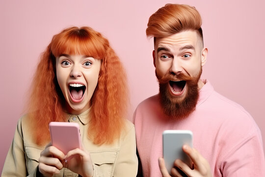 Happy guy with girl in hats are screaming in surprise at what they saw on phone and standing on pink background, created with Generative AI