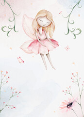 Fototapeta premium Fairy and Flowers watercolor isolated kids illustration for girls. Cartoon pink magic girl baby shower poster. Happy Birthday kid card