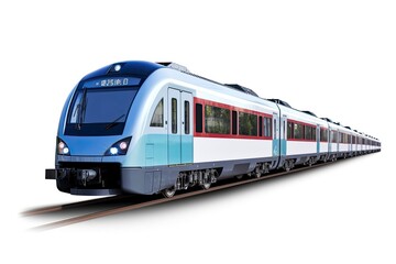 Obraz premium A blue and white train traveling down train tracks created with Generative AI technology