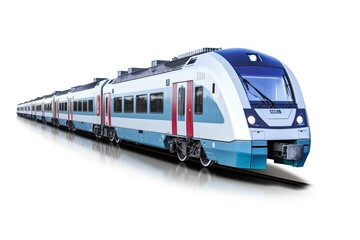 Obraz na płótnie Canvas A blue and white train traveling down train tracks created with Generative AI technology