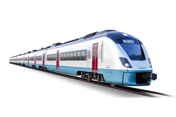 Naklejka premium A blue and white train traveling down train tracks created with Generative AI technology