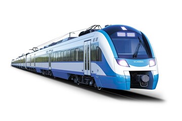 Fototapeta na wymiar A blue and white train traveling down train tracks created with Generative AI technology