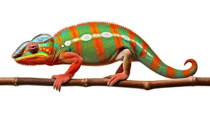 Obraz premium A colorful chamelon is sitting on a branch created with Generative AI technology