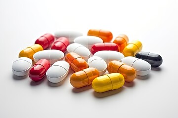 A pile of pills sitting on top of a white table created with Generative AI technology