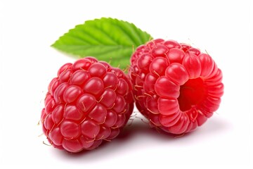 Two raspberries with green leaves on a white background created with Generative AI technology