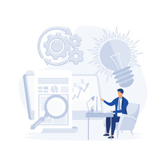 Business intelligence concept, businessman working with  various items and symbols, flat vector modern illustration 
