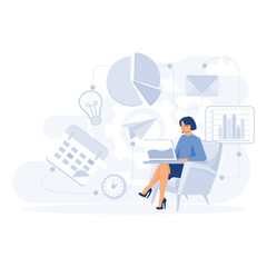 Business intelligence, businesswoman working with performance tools and software solutions, flat vector modern illustration 	