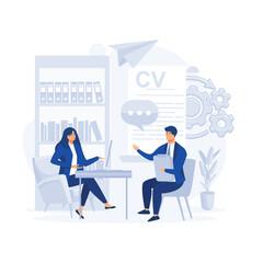 HR specialist having an interview with job applicant. Job interview, Male candidate with cv resume, flat vector modern illustration 