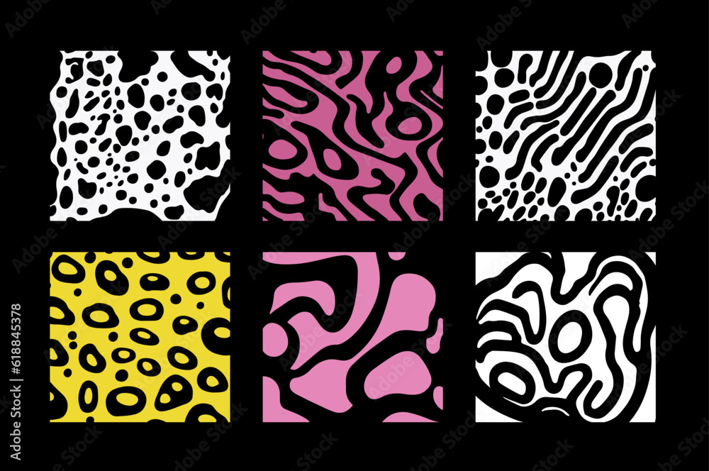 Poster Set of abstract geometric elements for design with psychedelic pattern in different colors.