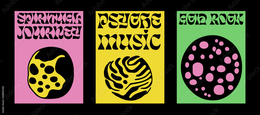 Poster psychedelic posters with abstract blobs in pink, green and acid yellow color palette. minimal mid-ce