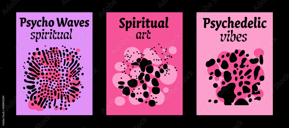 Aufkleber Set of poster templates with psychedelic melting shapes and blobs in retro hippie Y2K style.