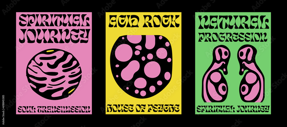 Aufkleber psychedelic posters with abstract blobs in pink, green and acid yellow color palette. minimal mid-ce