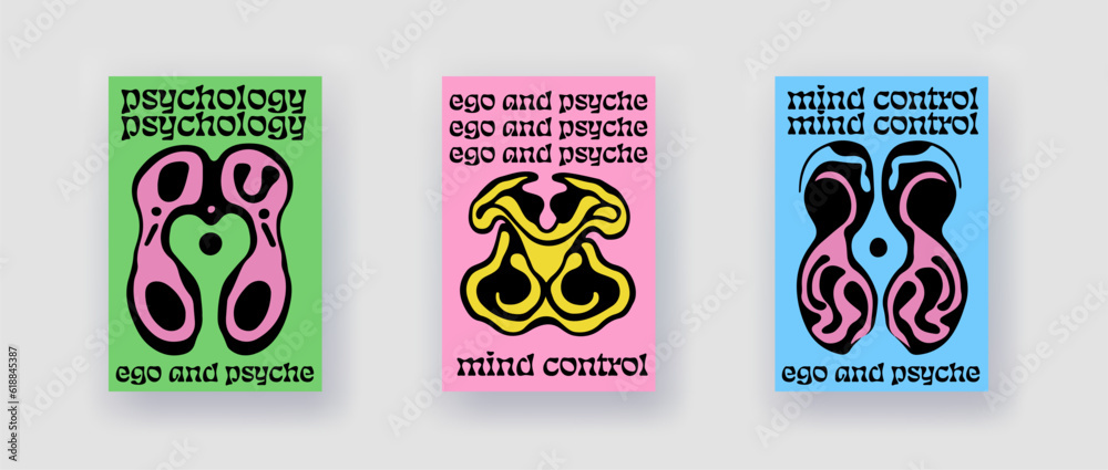 Poster Set of poster templates with psychedelic melting shapes and blobs in retro hippie Y2K style.