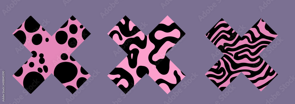 Aufkleber Set of abstract geometric elements for design with psychedelic pattern in different colors.