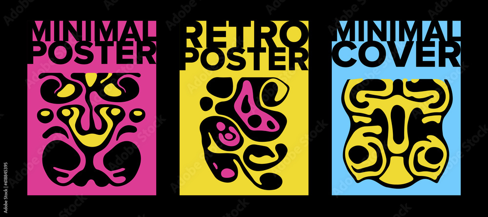Fototapete set of poster templates with psychedelic melting shapes and blobs in retro hippie y2k style.