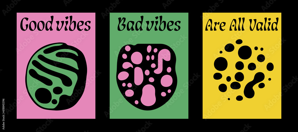 Aufkleber psychedelic posters with abstract blobs in pink, green and acid yellow color palette. minimal mid-ce