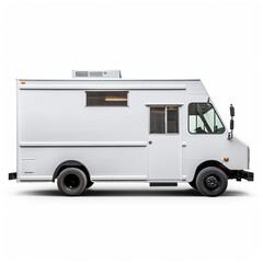 3D image of food truck isolated on white background. Using a vehicle in the form of a large van to be able to fit a simple kitchen in it.