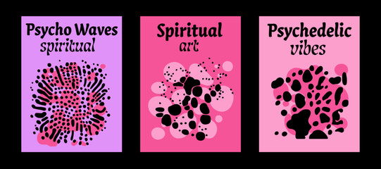 Set of poster templates with psychedelic melting shapes and blobs in retro hippie Y2K style.