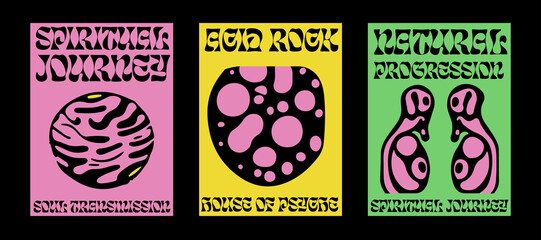 Psychedelic posters with abstract blobs in pink, green and acid yellow color palette. Minimal mid-century style. 