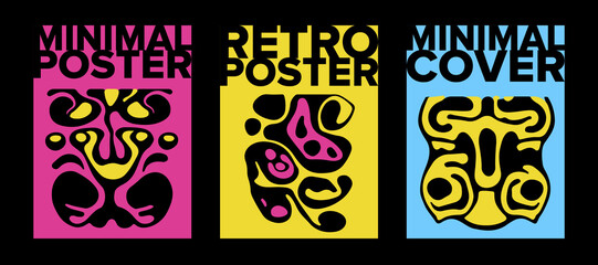 Set of poster templates with psychedelic melting shapes and blobs in retro hippie Y2K style.