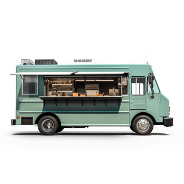 3D image of food truck isolated on white background. Using a vehicle in the form of a large van to be able to fit a simple kitchen in it.