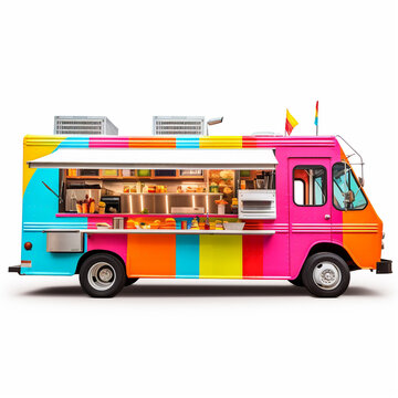 3D image of food truck isolated on white background. Using a vehicle in the form of a large van to be able to fit a simple kitchen in it.