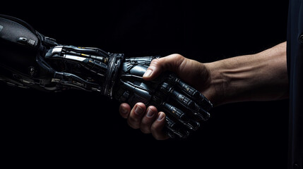 A robotic and metallic hand shaking hands with another fully human hand. Generative AI. 5