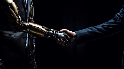 A robotic and metallic hand shaking hands with another fully human hand.Generative AI. 3