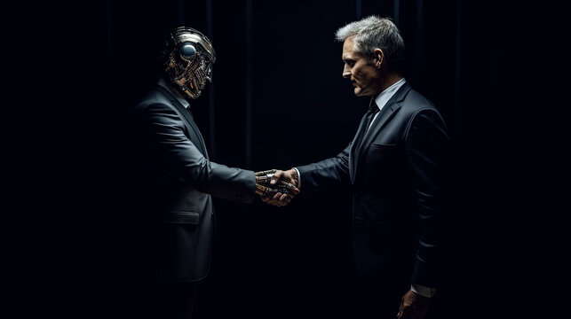 A robotic and metallic hand shaking hands with another fully human hand. Generative AI.4