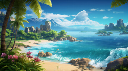 Fototapeta na wymiar 夏のリゾートビーチとヤシのアニメ背景