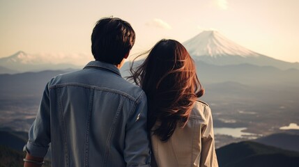 Cute couple standing and looking at the mountain view from behind. Generative Ai