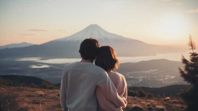 Cute couple standing and looking at the mountain view from behind. Generative Ai