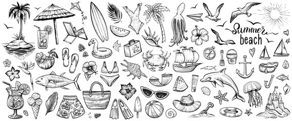 Summer beach, hand drawn vector collection. Set of summertime sketches of sea objects, animals, and food like a surfboard, shells, dolphin, bikini, ice cream etc.
