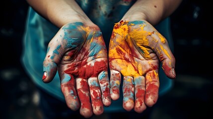 Colour Games: A Child's Hands Turned Forward, Painted with Fantasy