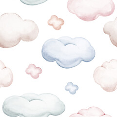 Seamlesss pattern with cartoon clouds, magic baby bear bunny toys and cow. Watercolor hand drawn illustration with white background