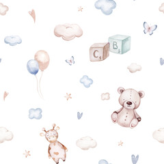 Seamlesss pattern with cartoon clouds, magic baby bear bunny toys and cow. Watercolor hand drawn illustration with white background