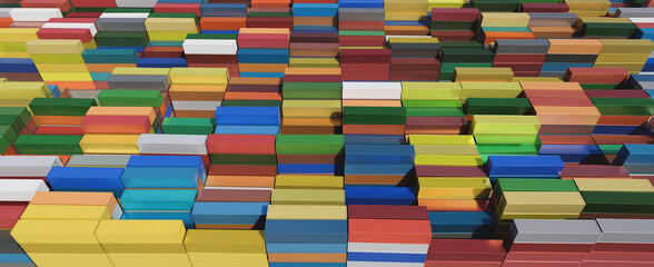 Cargo industrial containers stacked in rows of different colors for logistics import-export business top view