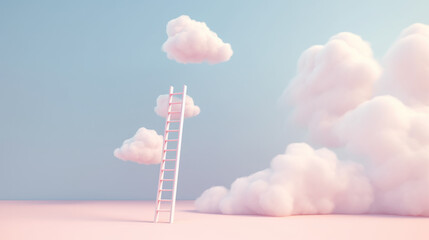 Step ladder leading in clouds . Growth, future, development concept with minimal pastel colors - obrazy, fototapety, plakaty