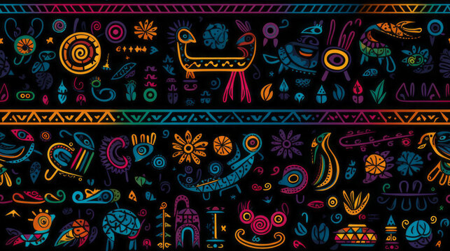 Seamless pattern background with ethnic colorful design and black backdrop