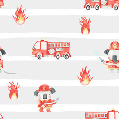 Seamless pattern with cute fire trucks, koala firefighter on a striped background. Watercolor illustration for children. Rescue. Emergency. Kids texture for clothing, fabric, interior, textiles. © ZHUKO