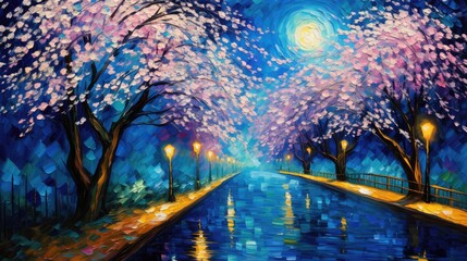 Blossom Blues An Artistic Ode to the Romantic Scene of Moonlight Filtering Through an Avenue of Blooming Japanese Cherry Trees Under a Bright Blue Moon Background created with Generative AI Technology