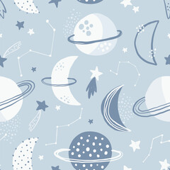 Vector hand-drawn seamless repeating color simple flat pattern with different planets on a blue background. Seamless pattern with planets. Space. Mars, Saturn, the moon. Asteroid, meteorite, comet.
