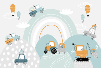 Vector children hand drawn cute construction cars, mountain landscape, balloons and clouds. Boho trendy design. Scandinavian. Illustration. Kids wallpaper design. Baby room design, wall decor, mural. © ZHUKO