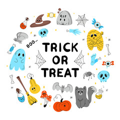 Halloween background, Halloween theme, Halloween doodles, set of Halloween elements, ghost, mummy, skull, zombie, set for halloween, silhouette of a spider, cobweb, halloween pumpkin, set of stickers 