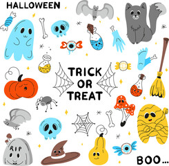 Halloween background, Halloween theme, Halloween doodles, set of Halloween elements, ghost, mummy, skull, zombie, set for halloween, silhouette of a spider, cobweb, halloween pumpkin, set of stickers 