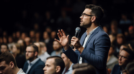 Male Asking a Question to a Speaker During a Q and A Session at an International Tech Conference in a crowded Auditorium. Young Specialist Expressing an Opinion During a Global Business Summit.